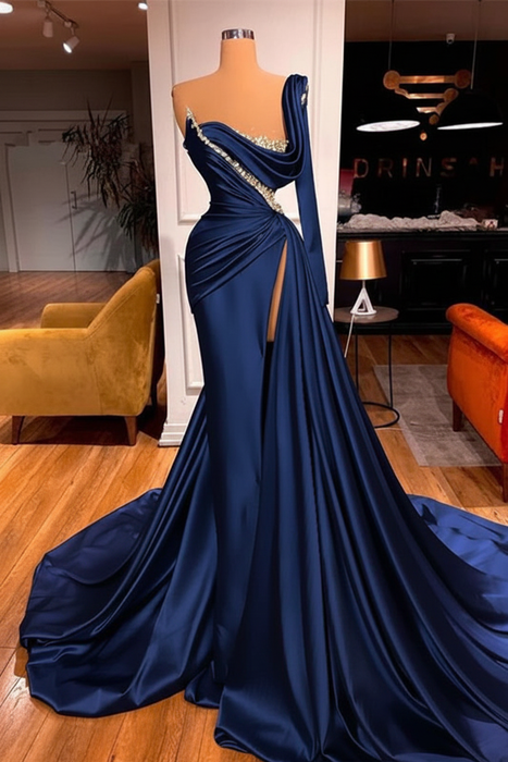 Navy One Shoulder Mermaid Prom Dress Beaded with Split