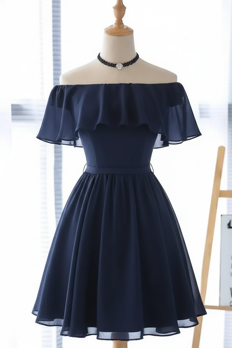 Navy Off Shoulder Chiffon Homecoming Dress