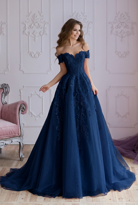 Off Shoulder Lace Prom Dress - Navy