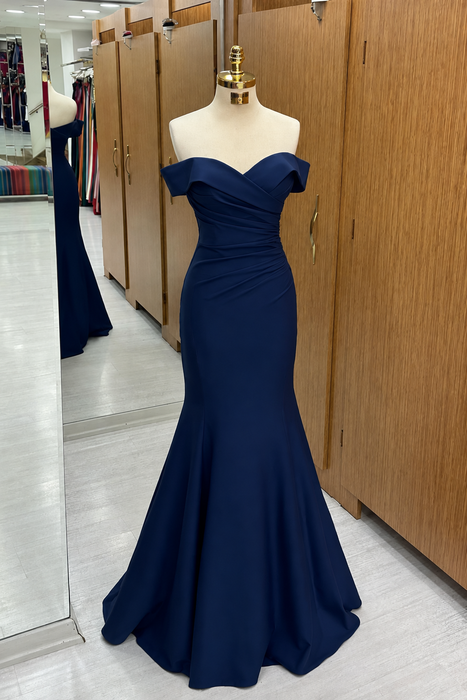 Navy Off-the-shoulder Sweetheart Sleeveless Long Mermaid Prom Dress - Prom Dresses