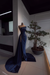 Navy Pearl Strapless Prom Dress with Long Slit