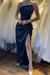 Navy Sleeveless Prom Dress with Sequins and High Slit