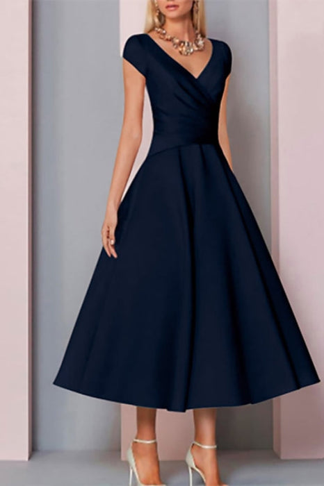 Navy Satin A-Line Mother of the Bride Dress V Neck Tea Length Wedding Guest Dress - Prom Dresses