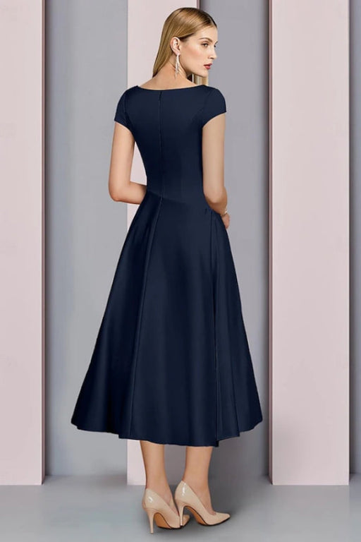 Navy Satin A-Line Mother of the Bride Dress V Neck Tea Length Wedding Guest Dress - Prom Dresses