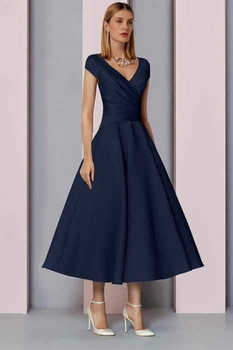 Navy Satin A-Line Mother of the Bride Dress V Neck Tea Length Wedding Guest Dress - Prom Dresses