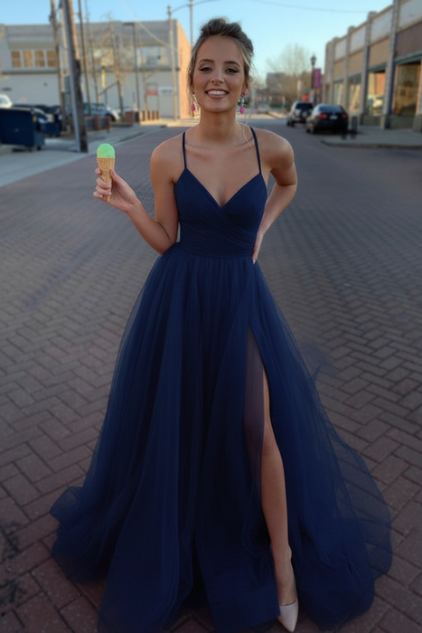 Navy Simple A Line V Neck Tulle Long Prom Dresses with High  Split