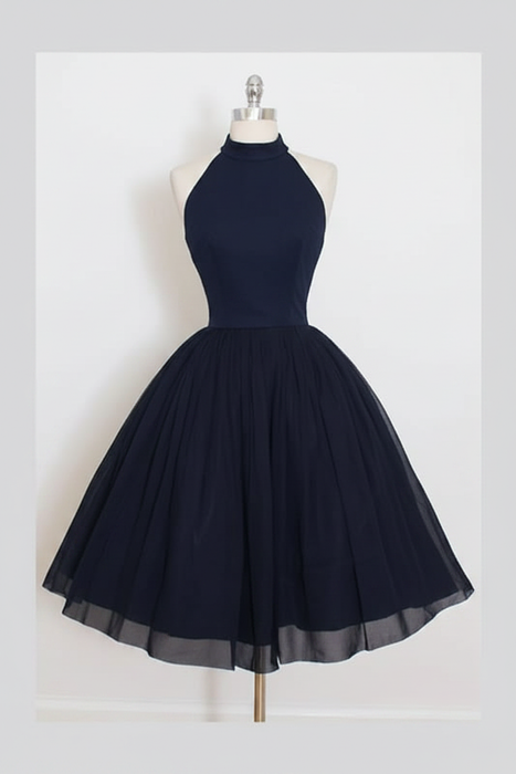 Navy Sleeveless Homecoming Simple Halter Party Dresses Tea Length Graduation Dress