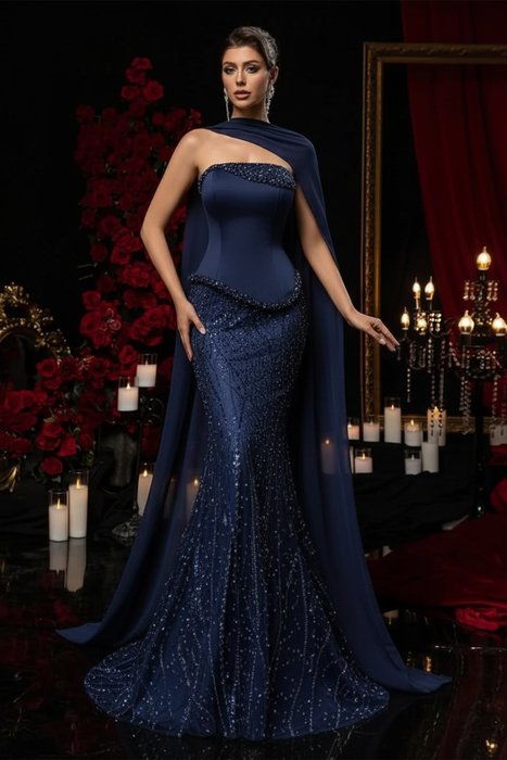 Navy Charming Strapless Beadings Satin Prom Dress Mermaid with Cape