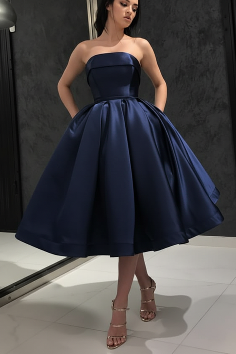 Navy Strapless Tea Length Prom Dress Sleeveless Aline Homecoming Dress Satin Cocktail Dress