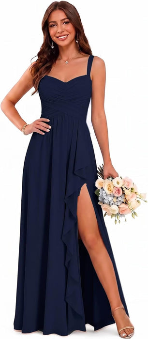 Women's Chiffon Bridesmaid Dresses Long Evening Formal Gown with Slit - Navy