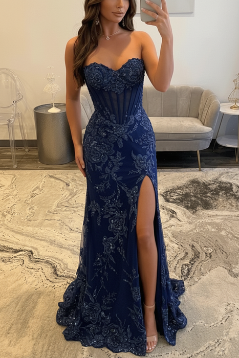 Navy Sweetheart Lace Mermaid Evening Dress Sequins Corset Prom Dress with Appliques