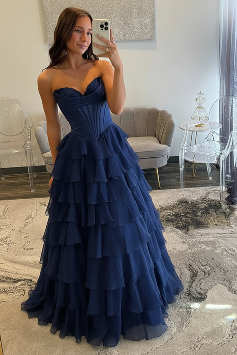 Navy Blue Sweetheart Tiered Corset Aline Evening Dress Ruffle Chiffon Prom Dress with Split - Prom Dresses