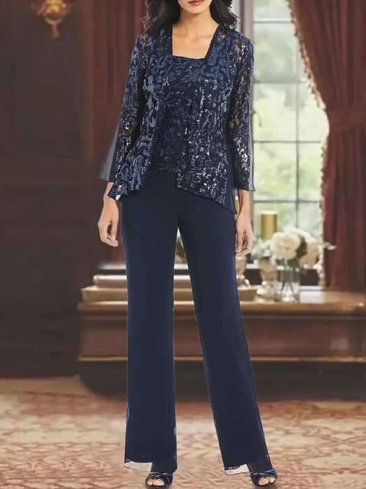 Navy three piece mother of the bride pantsuit with sequin lace jacket