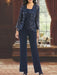Navy three piece mother of the bride pantsuit with sequin lace jacket