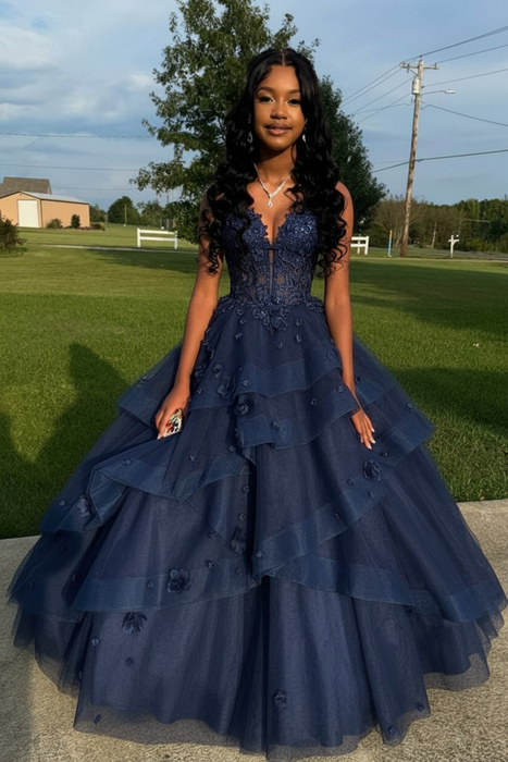 Navy Spaghetti Straps Aline Prom Dress Tulle Aline Evening Dress with Lace