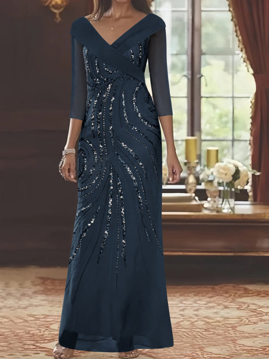 V-Neck 3/4 Sleeve Floor-Length Sequined Mother of the Bride Sheath Dress