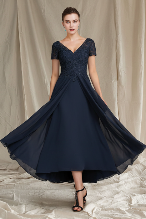 Navy V-Neck A-Line Princess Tea-Length Dresses for the Mother of the Bride