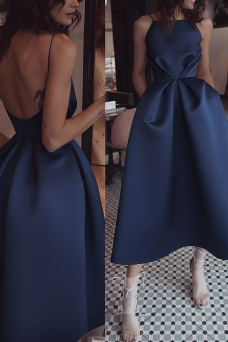 Navy Unique Tea Length Satin Party Spaghetti Straps Backless Prom Dress - Prom Dresses