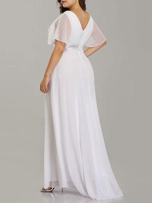 Simple Wedding Dress V Neck Short Sleeves A Line Floor Length Chiffon Sash Plus Size Bridal Gowns With Sweep Train