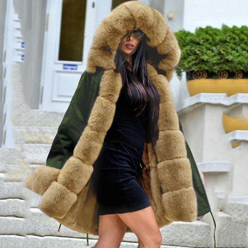 New Army Green Faux Fur-trimmed long-length Faux Fur Coats - womens furs & leathers