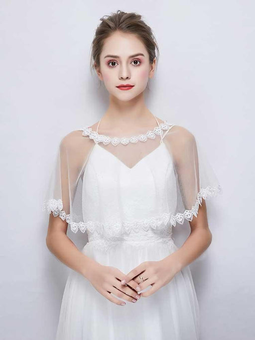 New White Sheer Tulle Applique Wedding Wraps | Bridelily - One Size / White - wedding wraps
