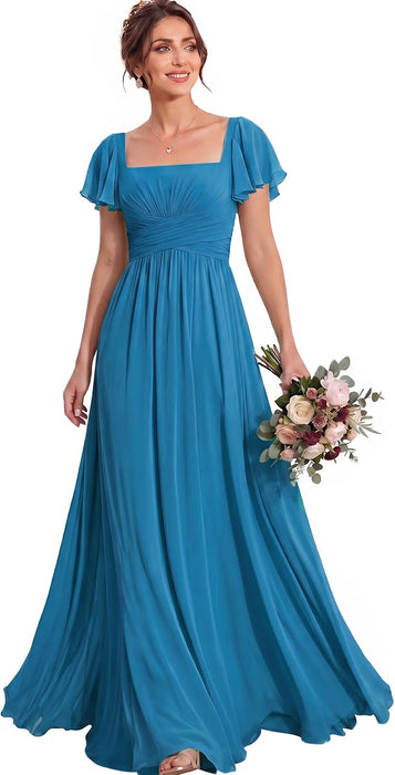 Bridelily Women's Flutter Sleeves Bridesmaid Dresses Square Neck Chiffon Maxi Dres - Ocean Blue