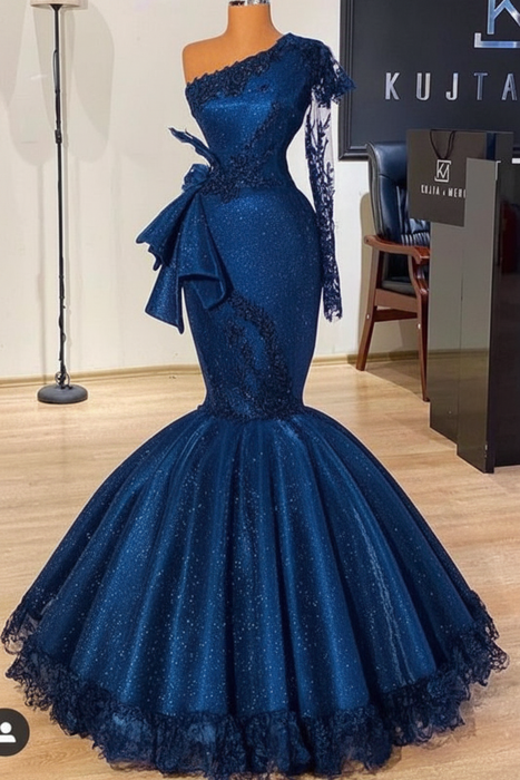 Ocean Blue Glitter Mermaid Prom Dress Long Sleeves Floral Lace Party Dress - Prom Dresses