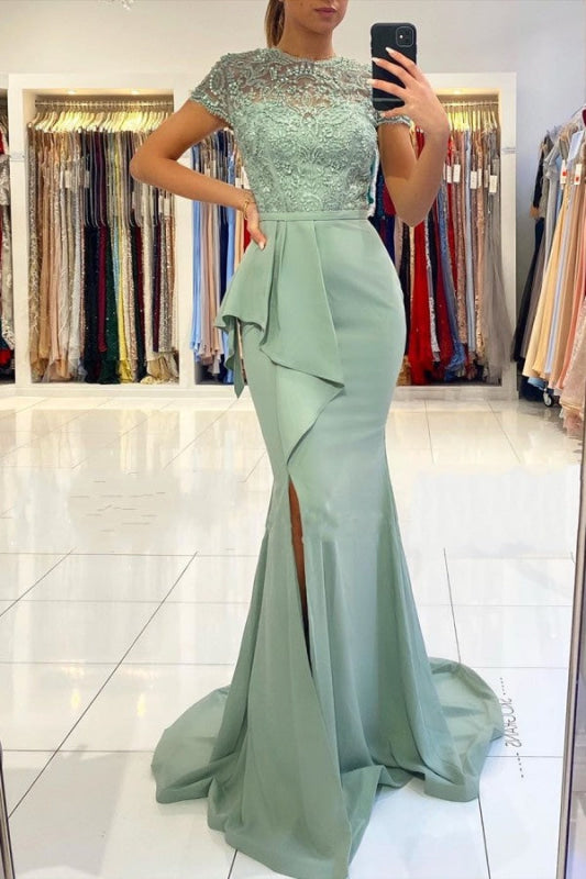 Ocean Blue Lace Mermaid Prom Dress with Sultry Slit