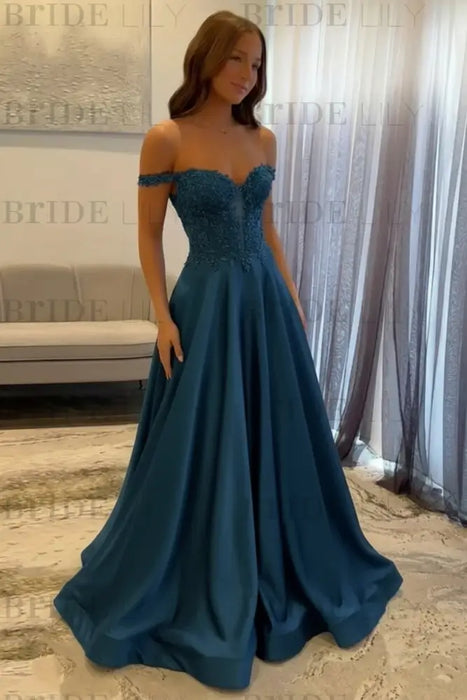 Ocean Blue Off-the-Shoulder A-line Evening Dress Lace Prom Dress Long
