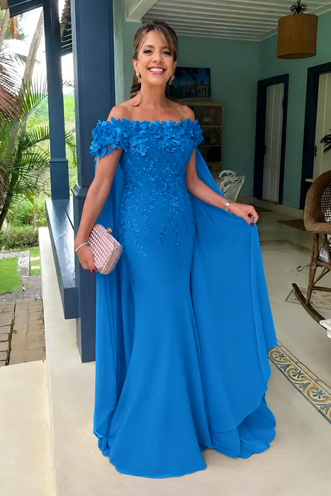Ocean Blue Off-The-Shoulder Mermaid Chiffon Wedding Guest Dresses Long with Appliques - Prom Dresses
