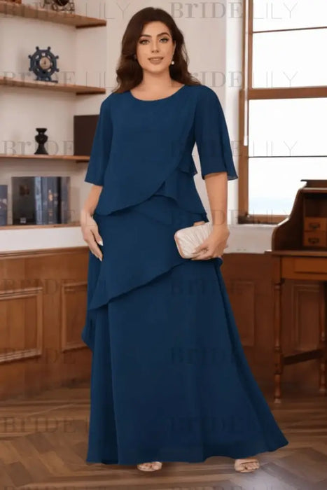 Ocean Blue Plus Size Ruffles Chiffon Mother of the Bride Dress Scoop Neck with Half Sleeves
