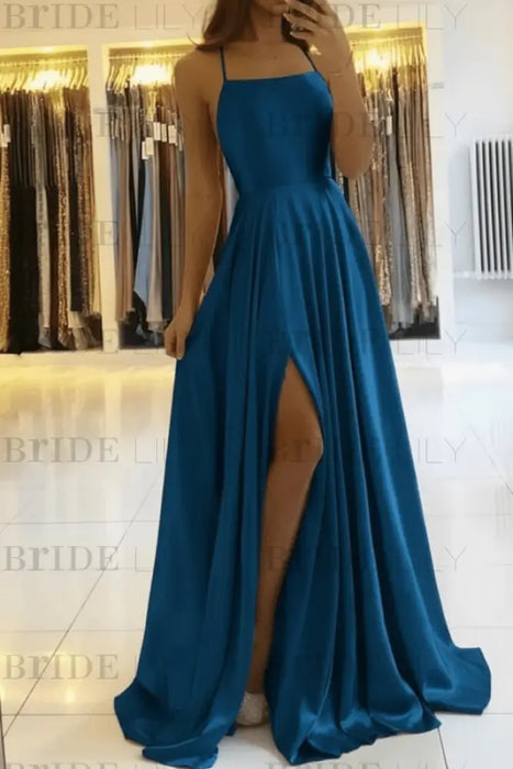 Ocean Blue Simple Prom Dress Long With Spaghetti Straps Front Slit Satin Evening Dress