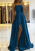 Ocean Blue Simple Prom Dress Long With Spaghetti Straps Front Slit Satin Evening Dress