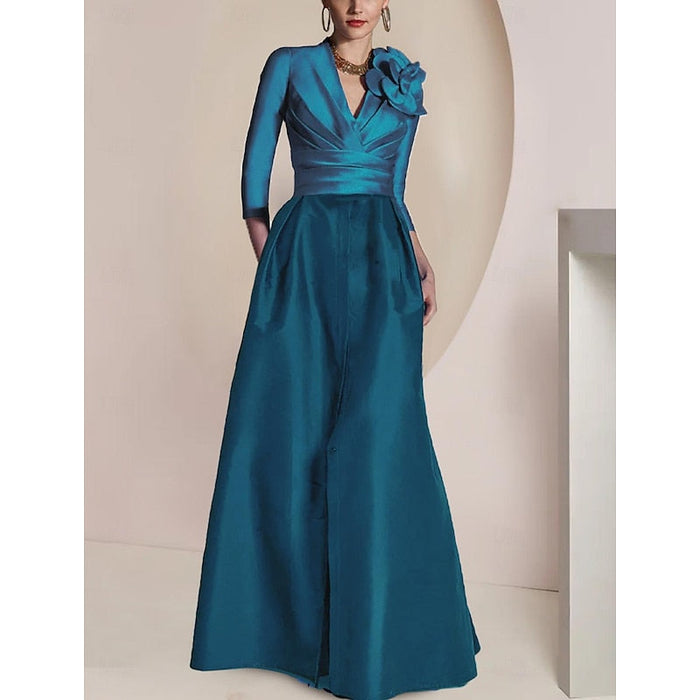 Ocean Blue Satin V-Neck Mother of the Bride Dress with 3/4 Sleeves with Split Front