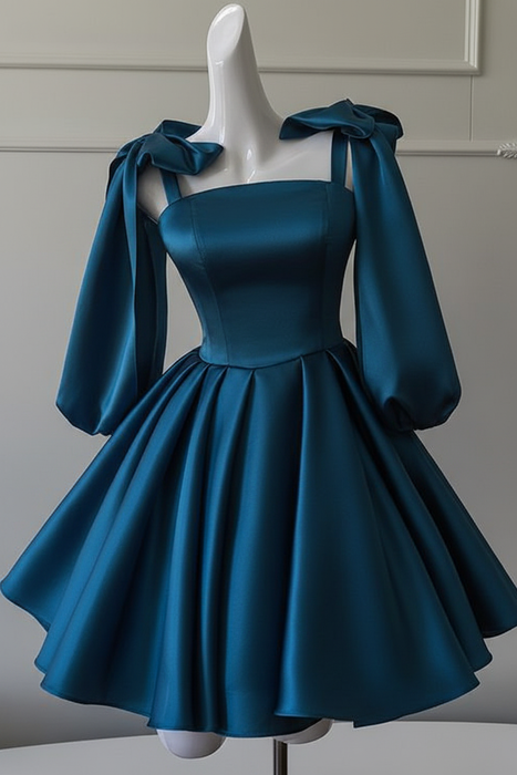 Ocean Blue Sexy Satin Aline Homecoming Dress Short Prom Dress with Straps