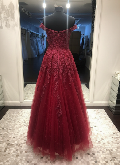 Off Shoulder Burgundy Lace Long Prom Dresses, Off the Shoulder Burgundy Formal Dresses, Burgundy Evening Dresses 