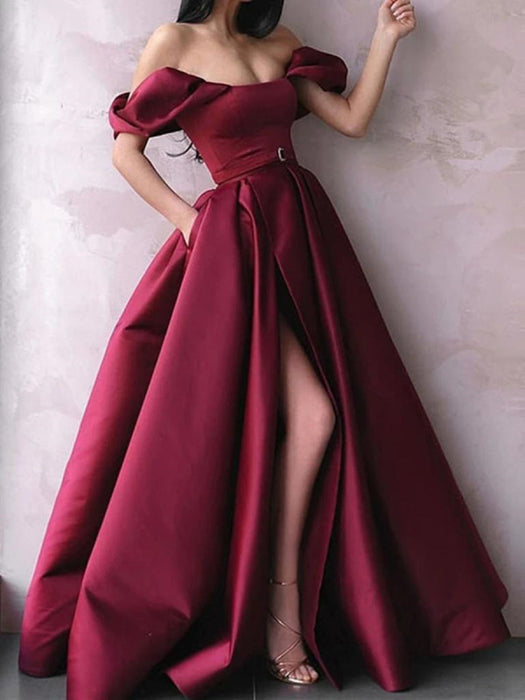 Burgundy Satin Long Prom Dresses with High Slit-Bridelily Burgundy Satin Long Prom Dresses with High Slit-Bridelily