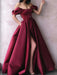 Off Shoulder Burgundy Satin Long Prom Dresses with High Slit, Burgundy Formal Graduation Evening Dresses, Wine Red Ball Gown