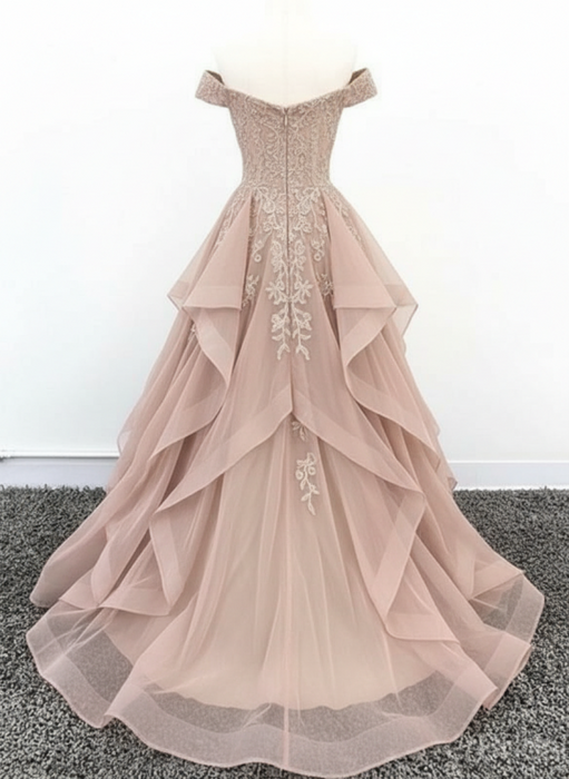 Off Shoulder Champagne Lace Long Prom Dresses, Off the Shoulder Champagne Formal Dresses, Champagne Lace Evening Dresses
