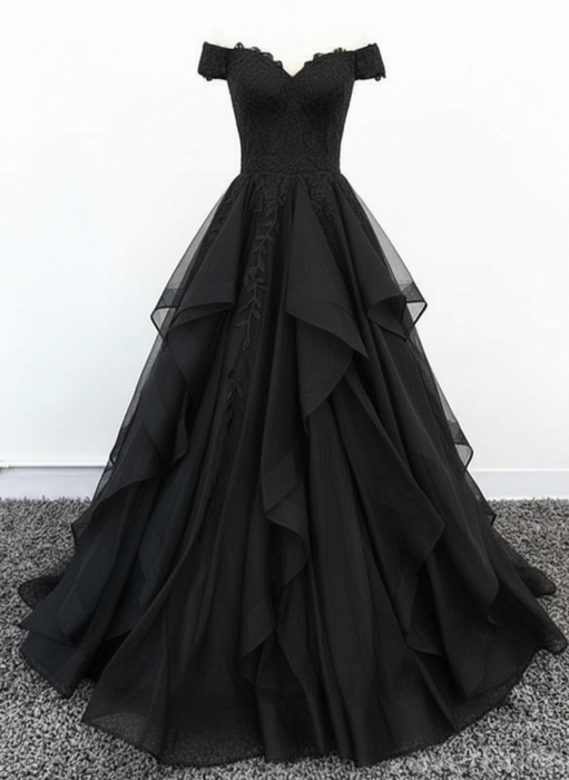 Off Shoulder Black Lace Long Prom Dress Lace Formal Evening Dress