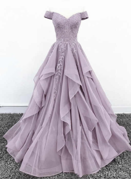 Off Shoulder Lilac Lace Long Prom Dress Lace Formal Evening Dress