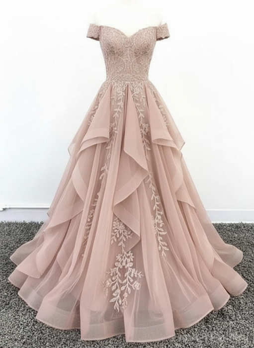 Off Shoulder Pearl Pink Lace Long Prom Dress Lace Formal Evening Dress