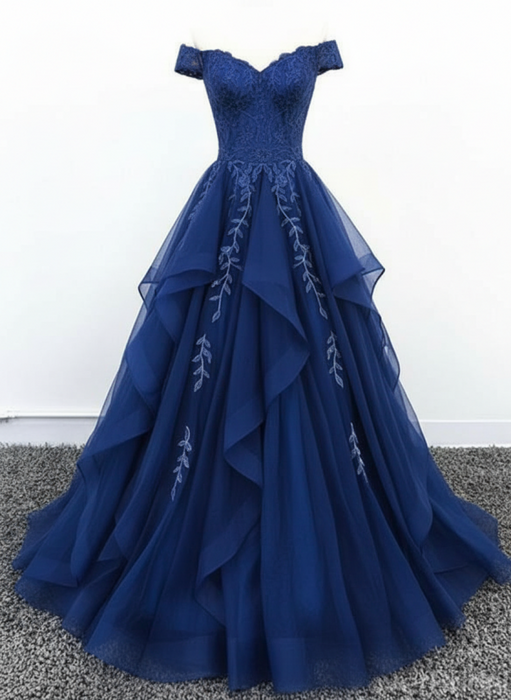 Off Shoulder Royal Blue Lace Long Prom Dress Lace Formal Evening Dress