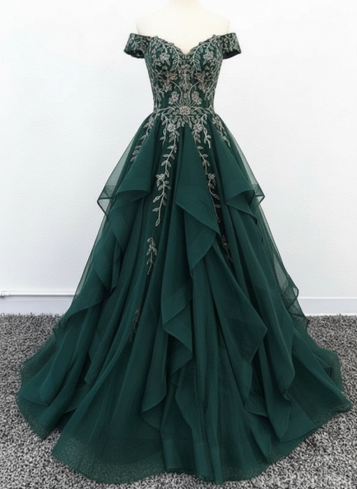 Off Shoulder Dark Green Lace Long Prom Dress Lace Formal Evening Dress