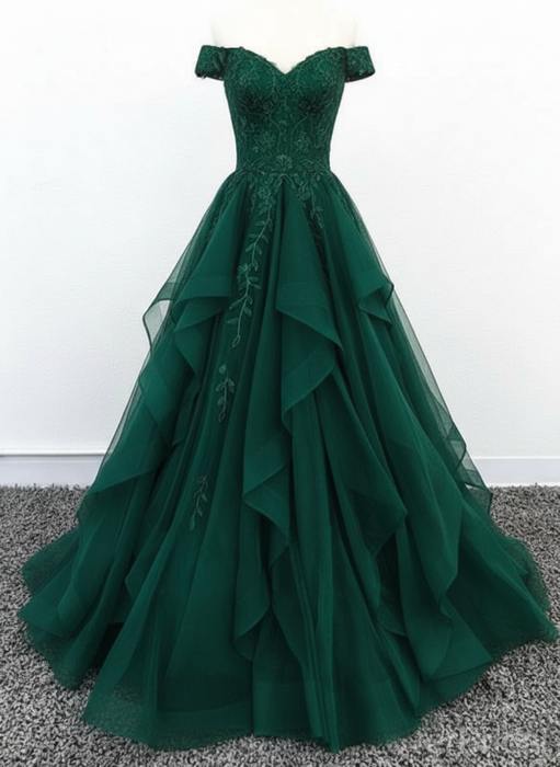 Off Shoulder Emerald Green Lace Long Prom Dress Lace Formal Evening Dress