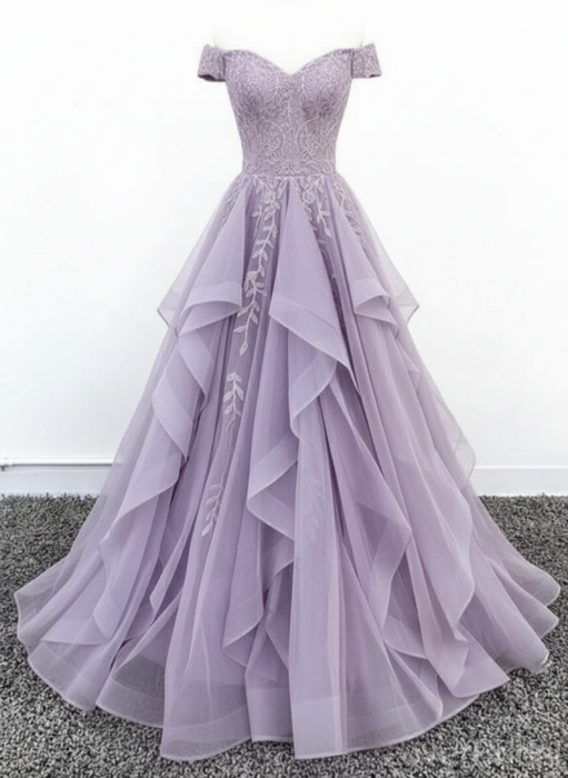 Off Shoulder Lavender Lace Long Prom Dress Lace Formal Evening Dress