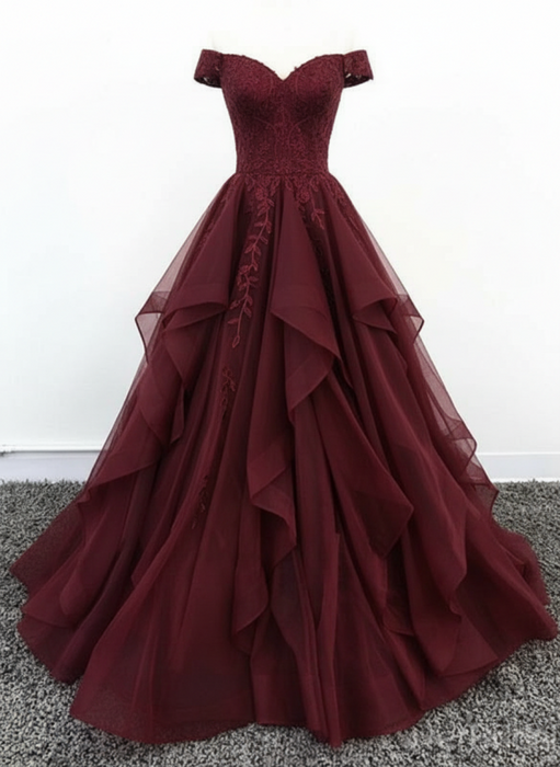Off Shoulder Burgundy Lace Long Prom Dress Lace Formal Evening Dress