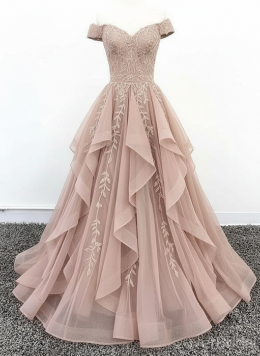 Off Shoulder Dusty Pink Lace Long Prom Dress Lace Formal Evening Dress