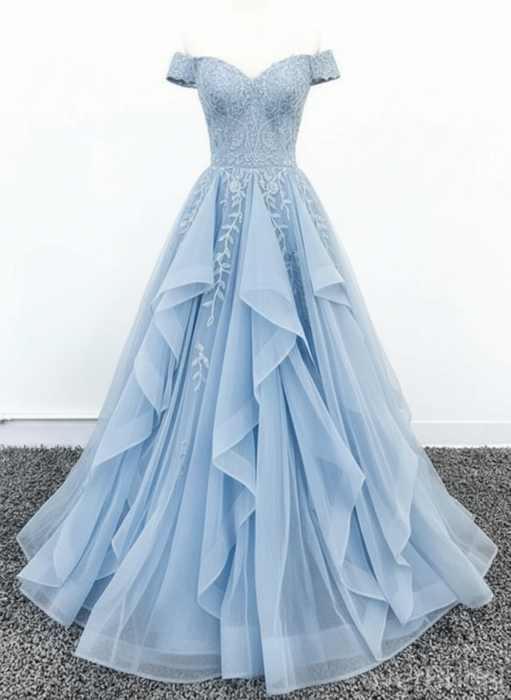 Off Shoulder Sky Blue Lace Long Prom Dress Lace Formal Evening Dress