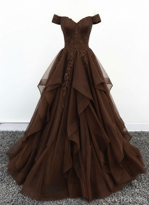Off Shoulder Chocolate Lace Long Prom Dress Lace Formal Evening Dress
